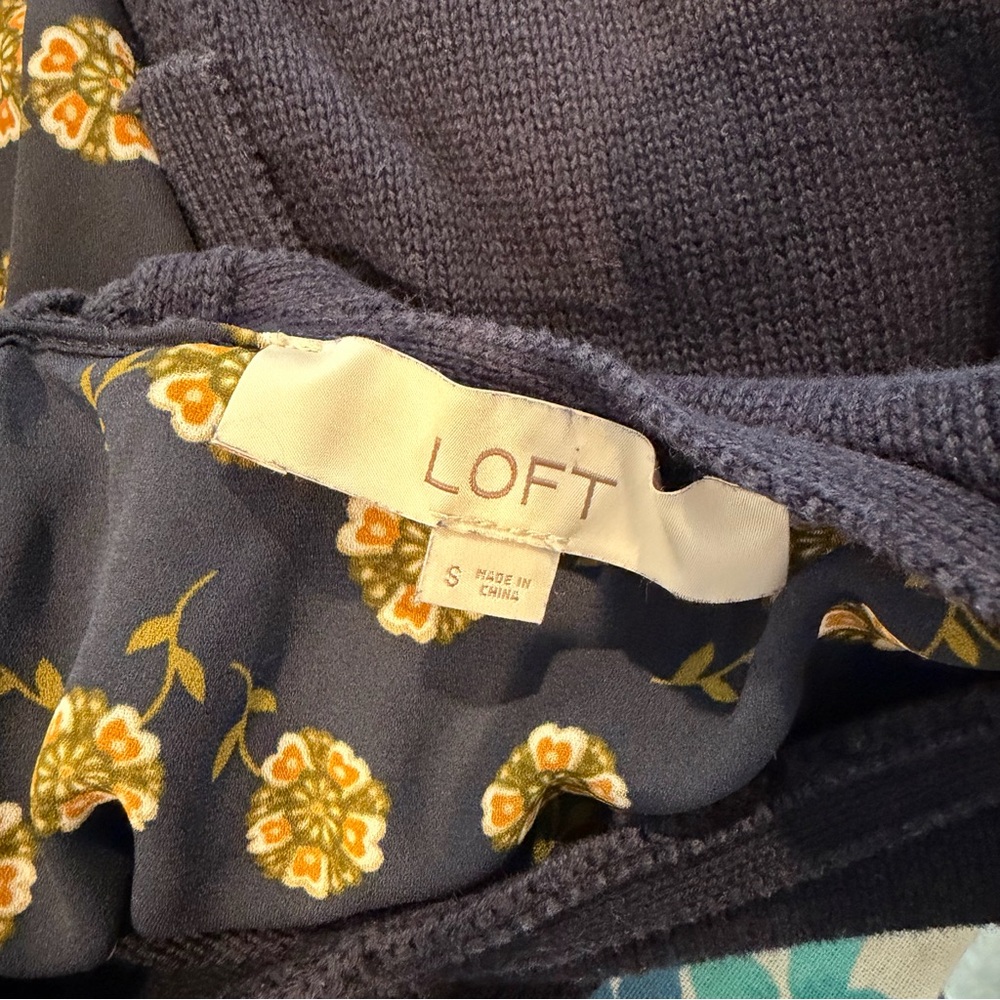 Loft Women’s Sweater Blue Floral‎ Layered-Look Bows 100% Cotton Pullover Small - Picture 7 of 8